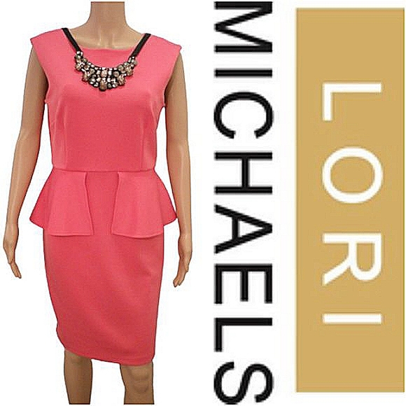 Lori Michaels Ponte Knit Peplum Cocktail Dress w/Bib Necklace NEW -Sz. Med - Picture 1 of 8